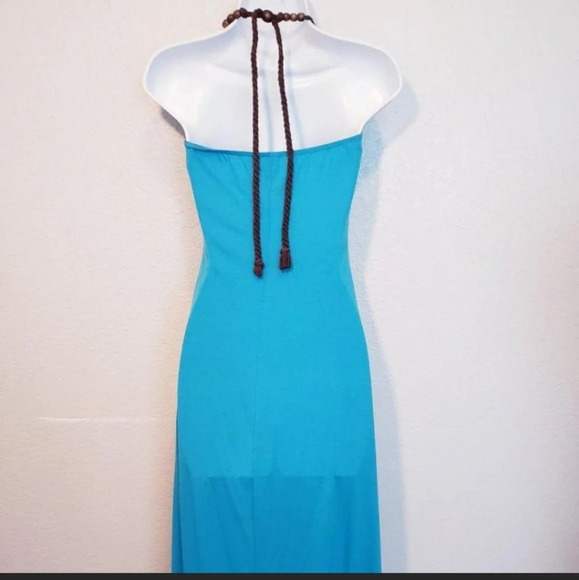 💚5/$25 L8TER  Blue Wood Beaded Halter Neck Long Maxi Slip Dress Medium - Picture 6 of 7